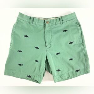 J. Crew Shark Embroidered Chino Flat Front Green‎ Shorts Mens Size 34